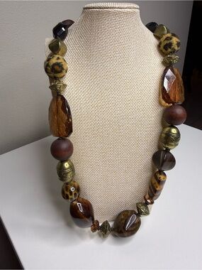 Earth-Toned Leopard & Amber Beaded Statement Necklace